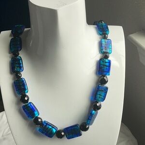 Beautiful 28” blue glass, black bead faceted necklace